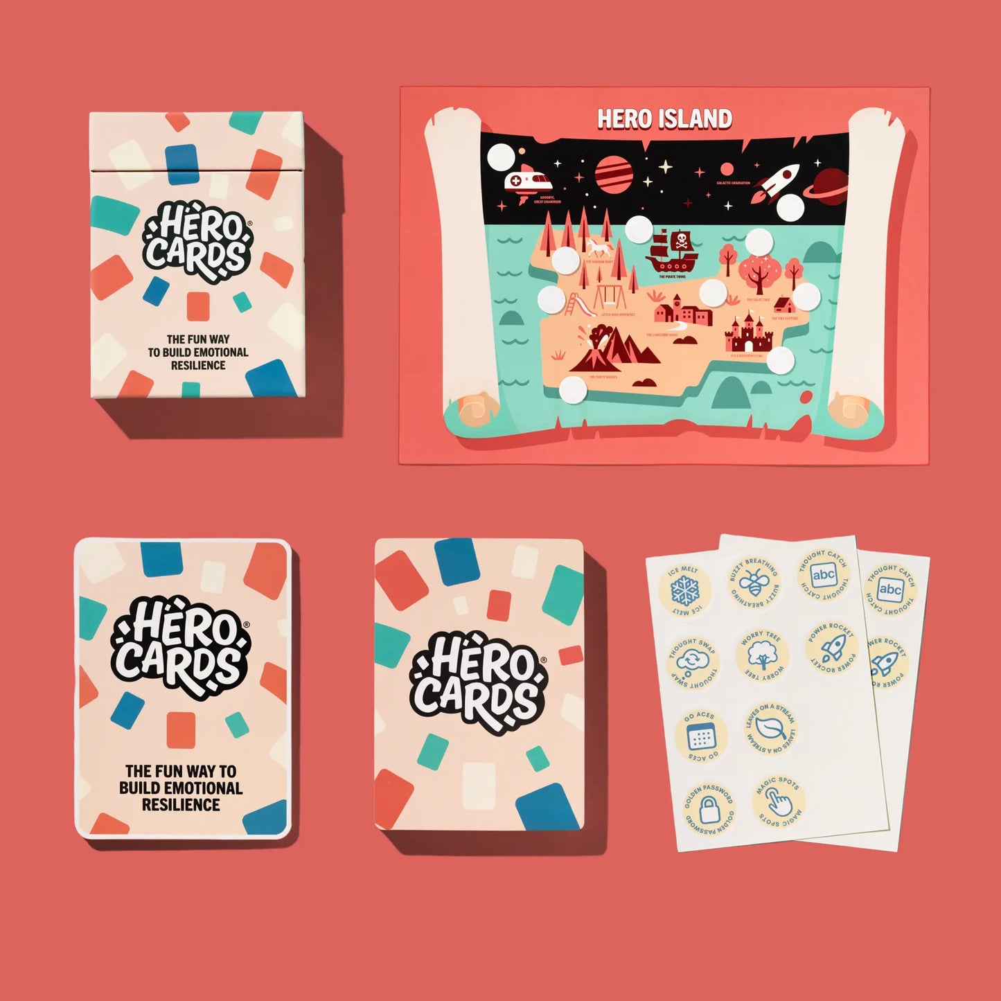 Hero Cards packaging and cards on a red background including map and stickers
