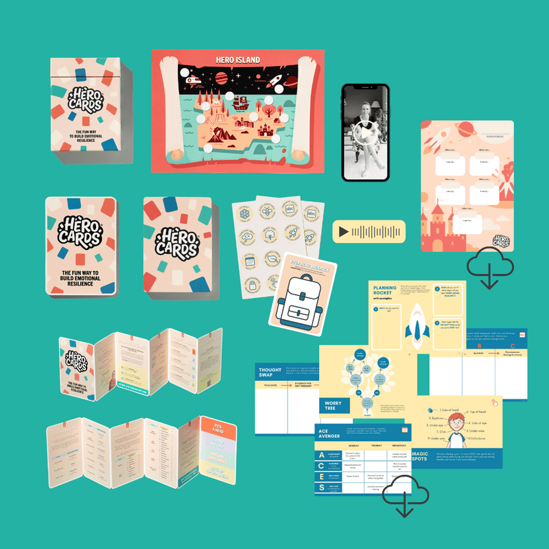 Collection of what is included in every Hero Cards pack, which includes 49 cards, audio stories and Superpowers, printable posters and practice sheets and videos on a teal background
