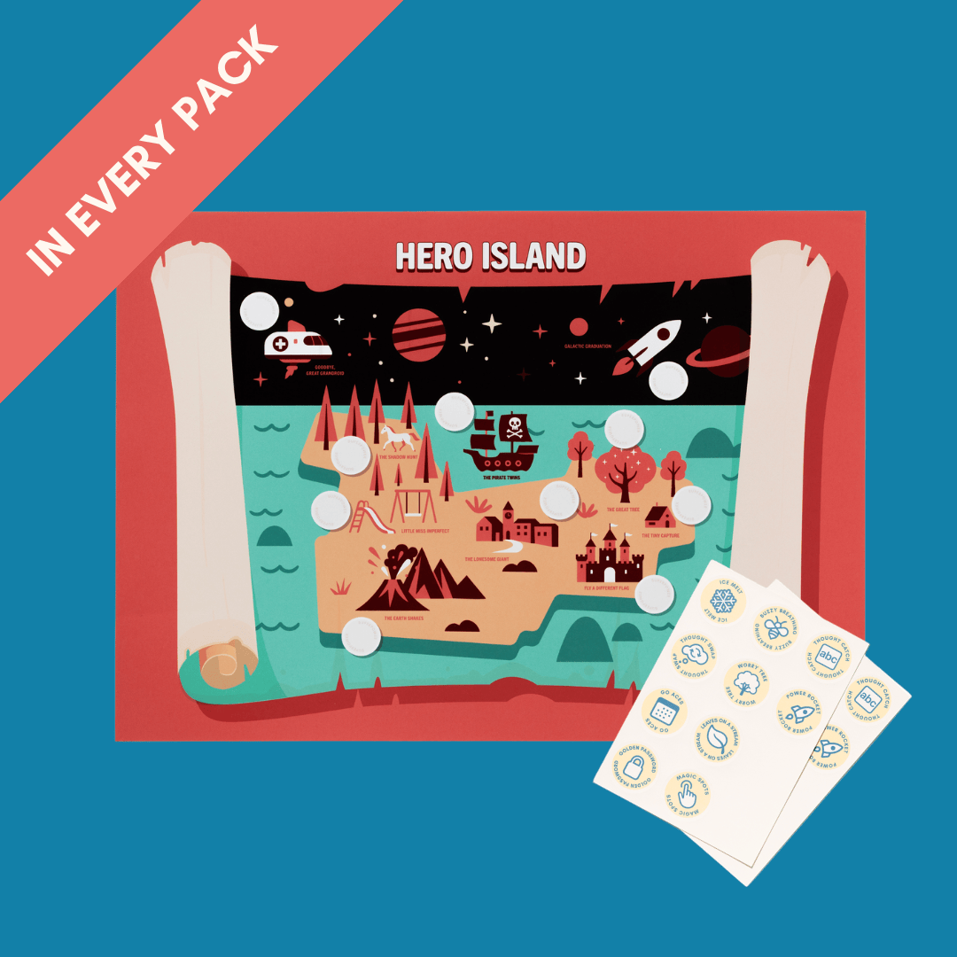 Illustrated map of 'Hero Island' with stickers on a blue background