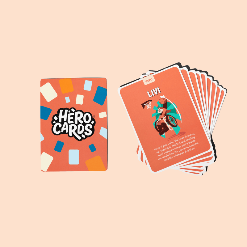Example of the red Hero Cards on a beige background