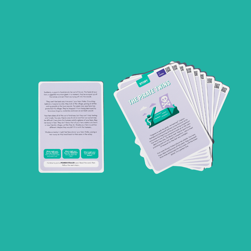 Set of purple Story Cards with a green border on a teal background