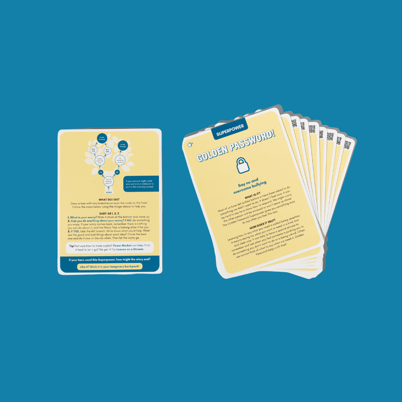 Set of yellow Superpower Cards with text and graphics on a blue background