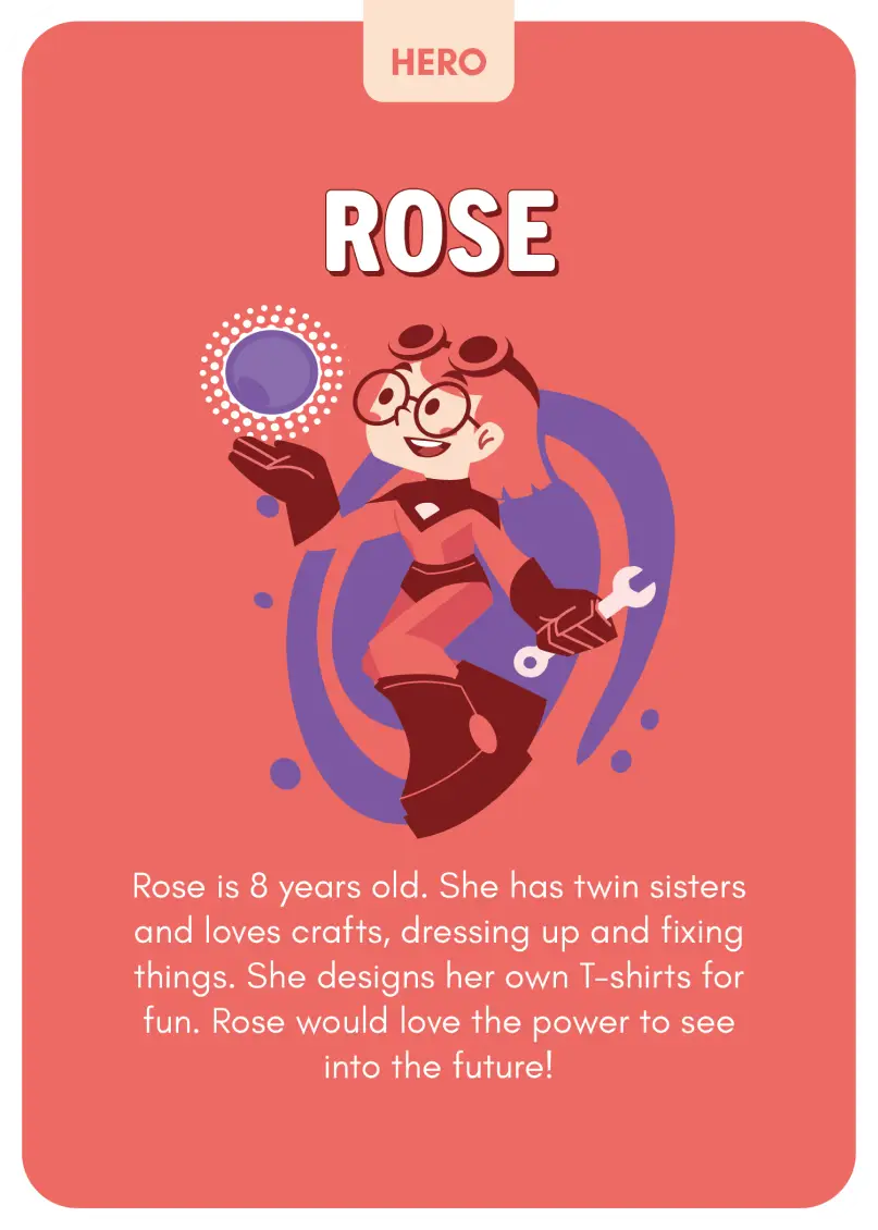 Character card of Rose with superhero design on a red background
