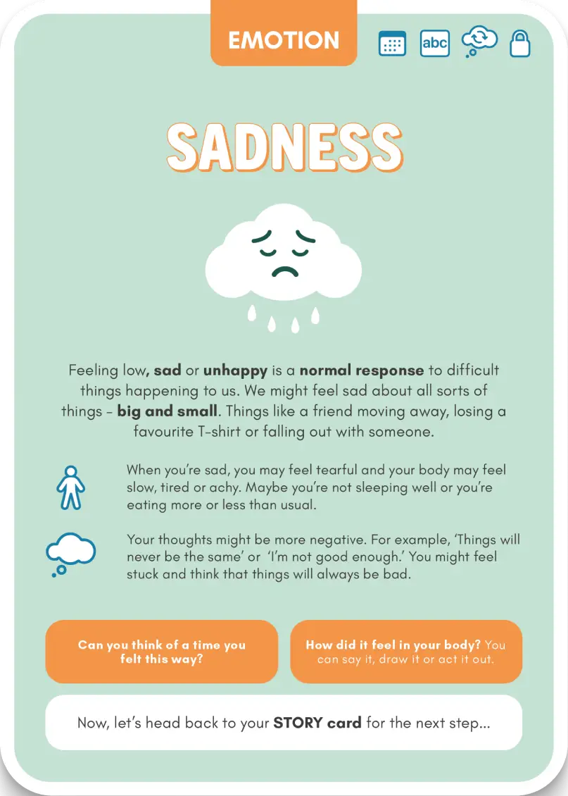 Emotion card example about sadness with a cloud emoji and text on a light blue background