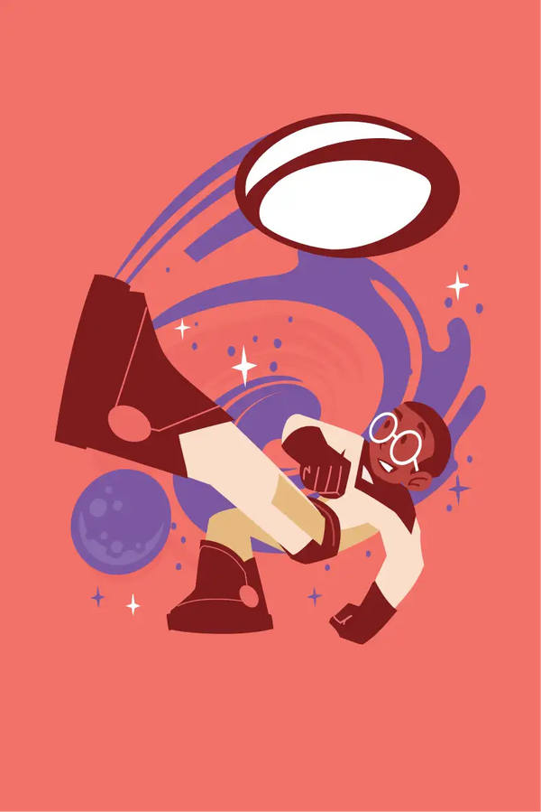 Illustration of a character with a rugby ball on a red background