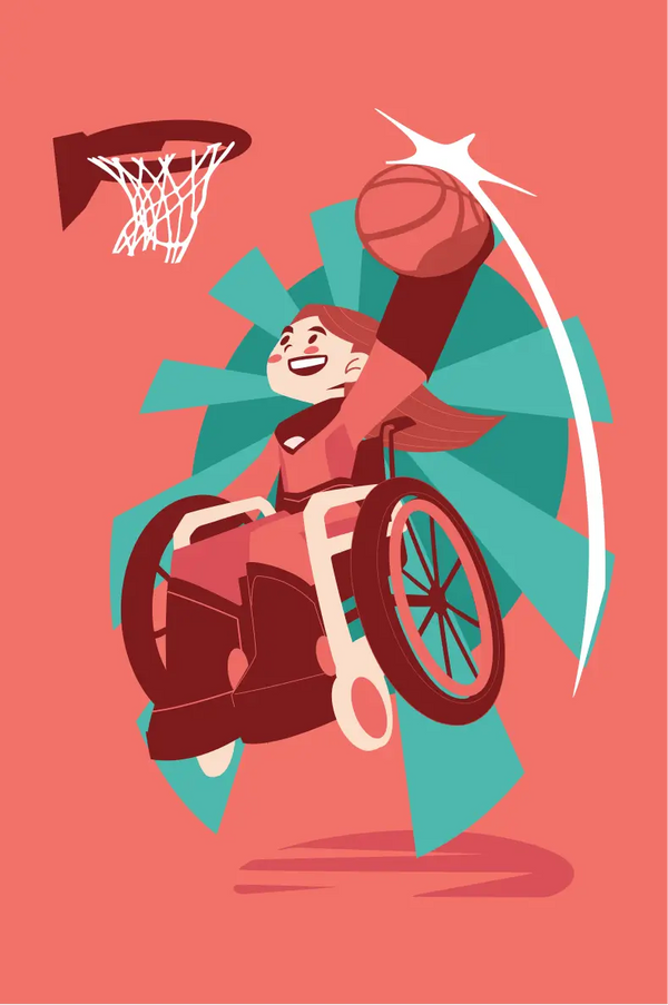 Illustration of a person in a wheelchair playing basketball on a red background