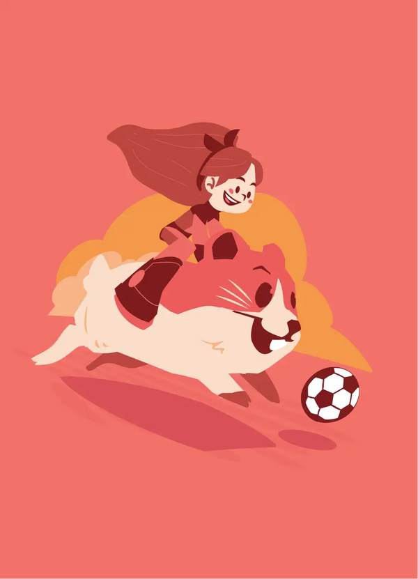 Illustration of a girl riding a hamster with a  football on a red background