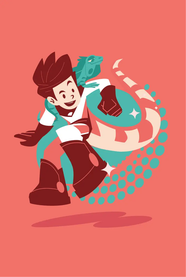 Cartoon character in a superhero costume on a red background