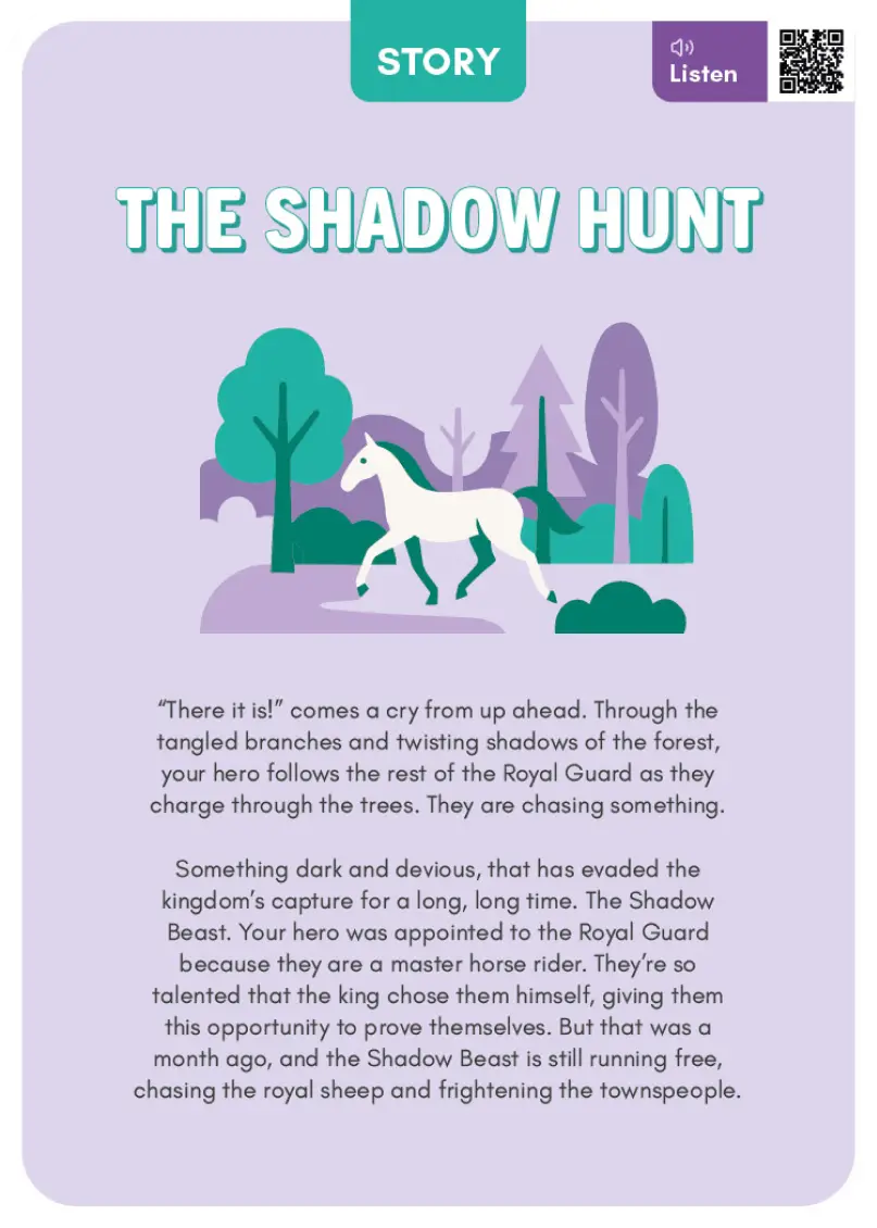 Story Card example titled 'The Shadow Hunt' with a horse illustration and text on a purple background.