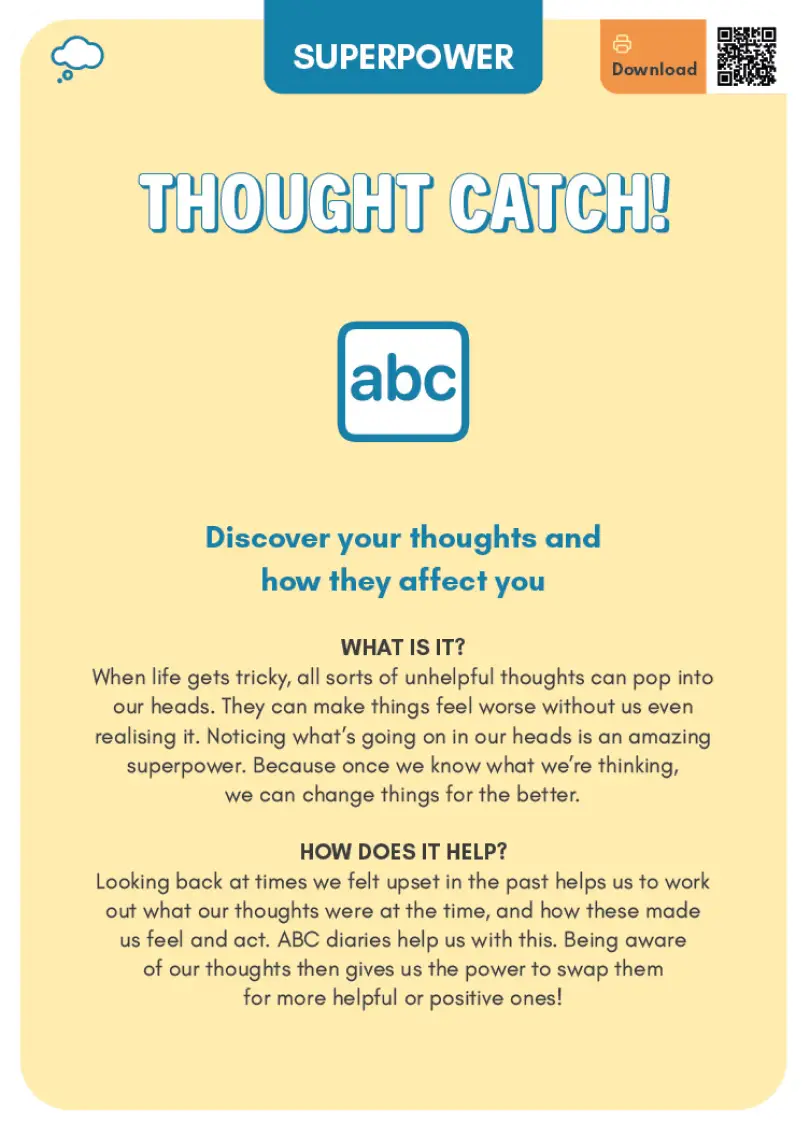 Example Superpower card - 'Thought Catch!' with ABC image on a yellow background