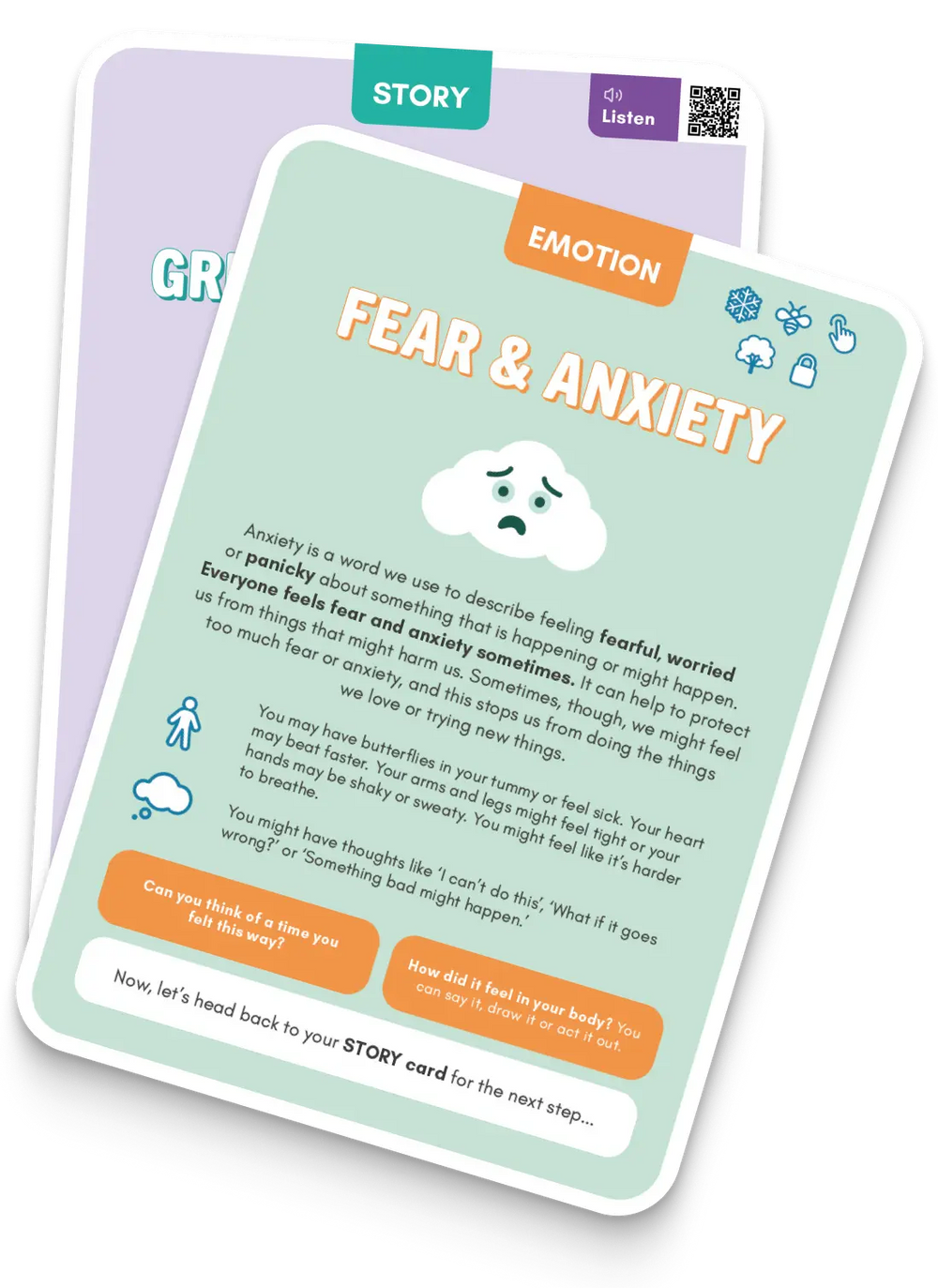 Example of an Emotion Hero Card with text about fear and anxiety on a white background