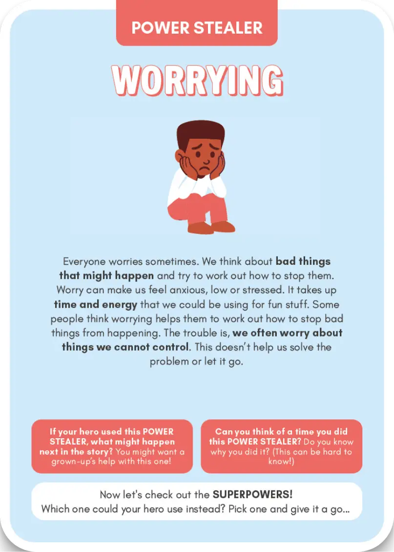 Example Power Stealer card - 'Worrying' with a character illustration and text on a blue background